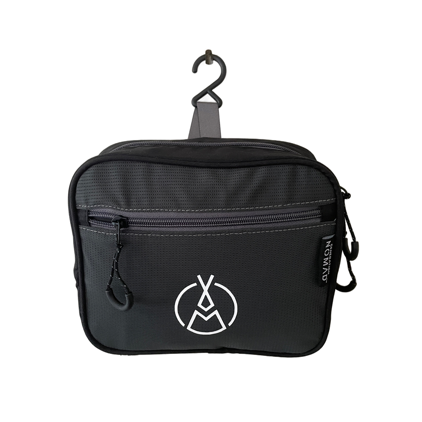 A black hanging toiletry bag that is perfect for backpackers travellers because it has flexible fabric to grasp items, is customizable, and has many sections for organisation.