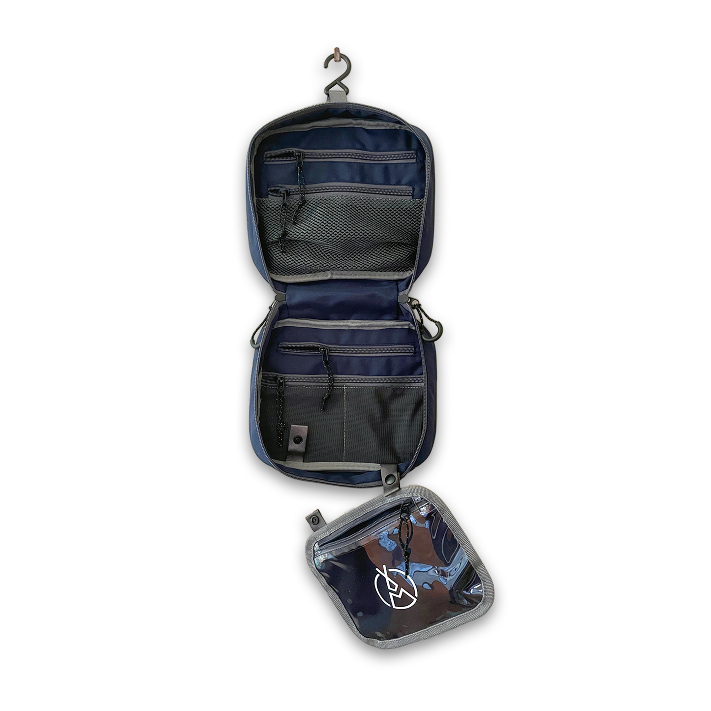 A hanging toiletry bag with removable customizable sections.