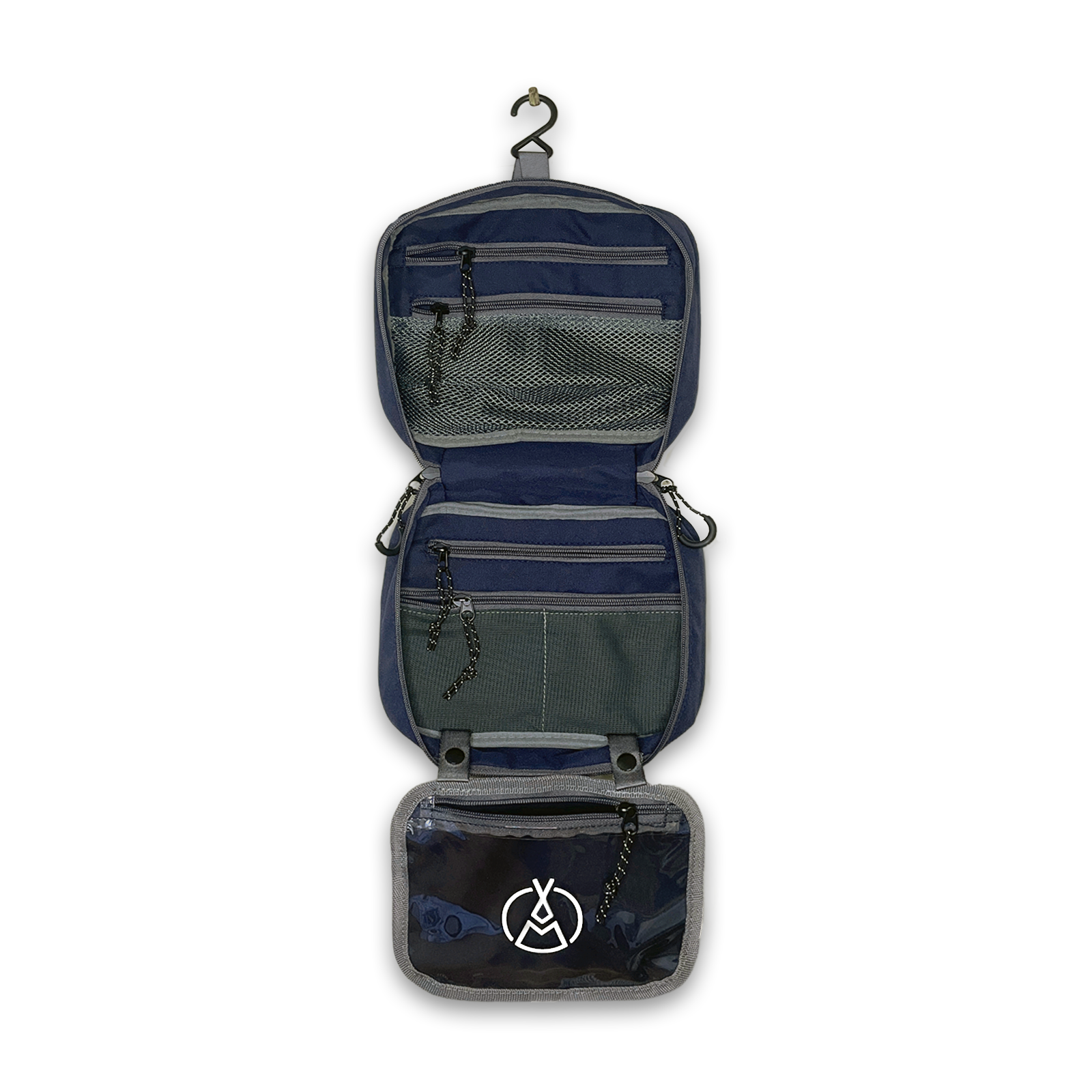 An open hanging toiletry bag that is perfect for backpackers travellers because it has flexible fabric to grasp items, is customizable, and has many sections for organisation.